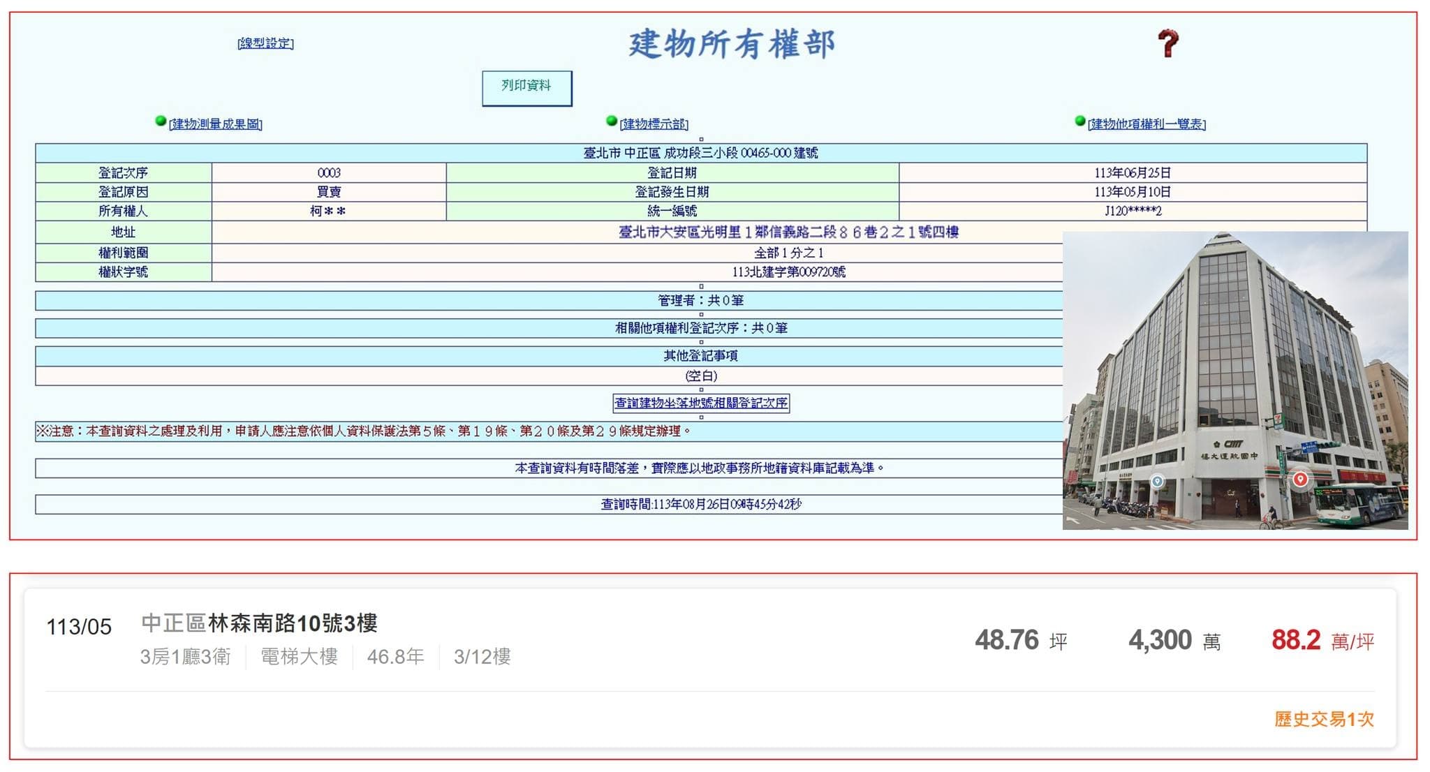 柯文哲今年5月以自己名義,以4,300萬元買下濟南大樓3樓商辦。(翻攝自劉宇臉書)