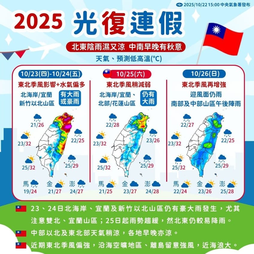 東北季風發威!北台灣雨勢不斷,山區慎防土石流與落石,民眾外出務必小心安全。(中央氣象署提供)
