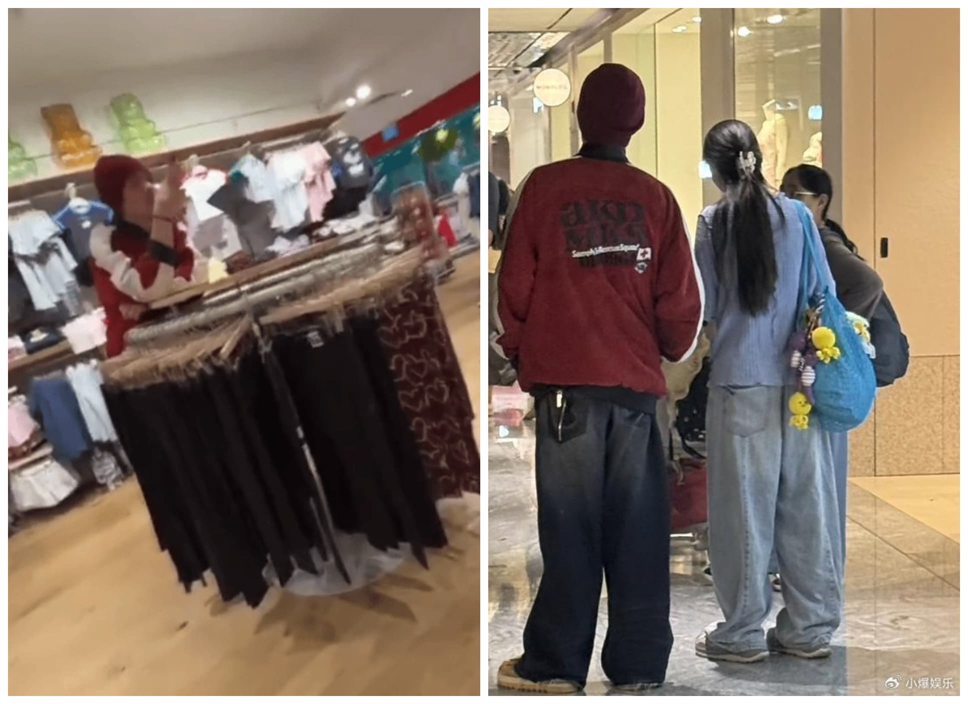 向佐一度在服飾店裡滑手機(左圖),郭碧婷則打扮樸素,背了一個藍色大包包(右圖)。(翻攝微博)