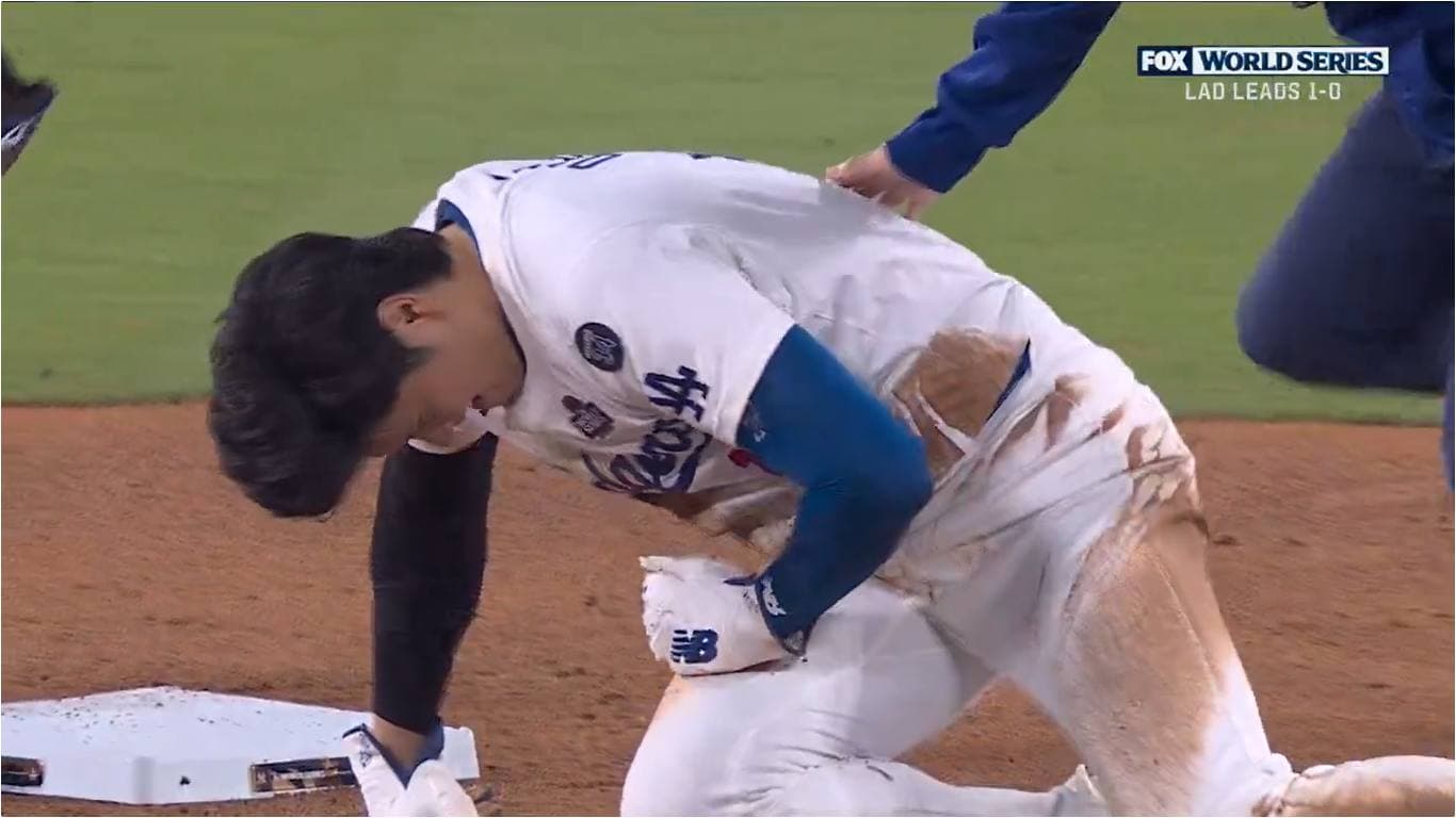 大谷翔平盜壘受傷,表情痛苦。(翻攝X)