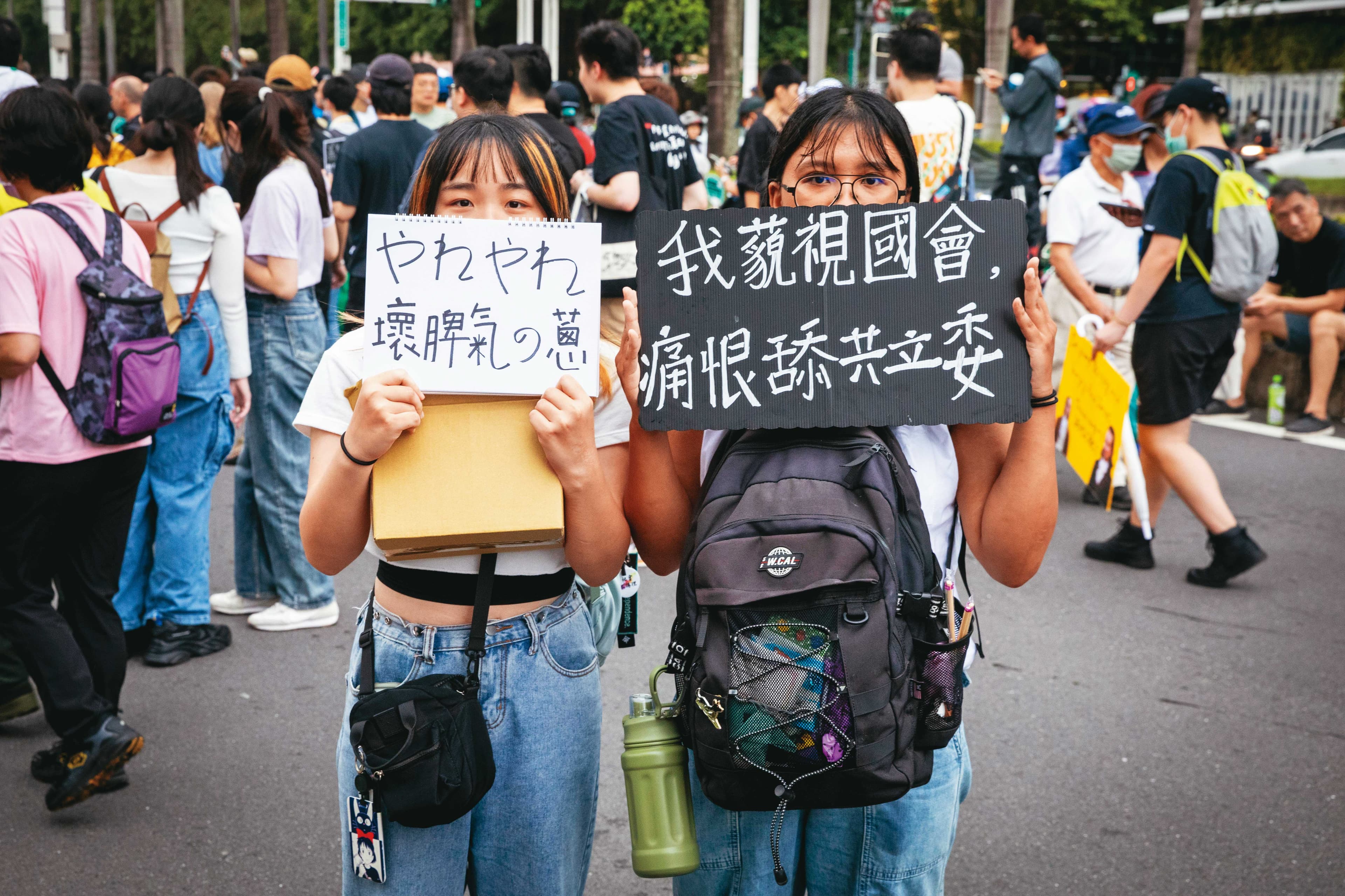 在課金組的支持下,追星族小真(左)特地從花蓮北上,第一次參加街頭運動,她舉的標語「呀勒呀勒壞脾氣的蔥」改編自洗腦神曲〈晚安大小姐〉,抗議強推法案的立委黃國昌。