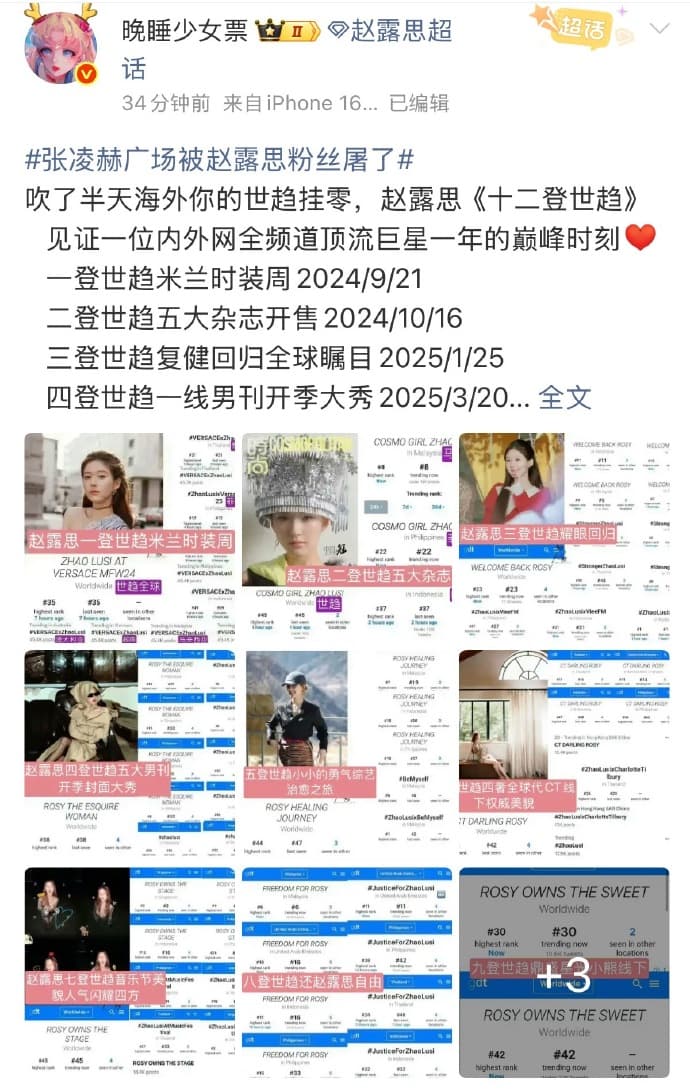 趙露思粉絲列出各項數據力證自家偶像在海外更紅。(微博圖片)