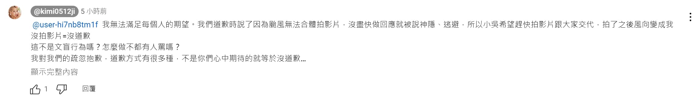 眼見這起事件再度炎上,紀卜心在留言區回應,自己無法滿足每個人的期望。(翻攝自紀卜心YT頻道)
