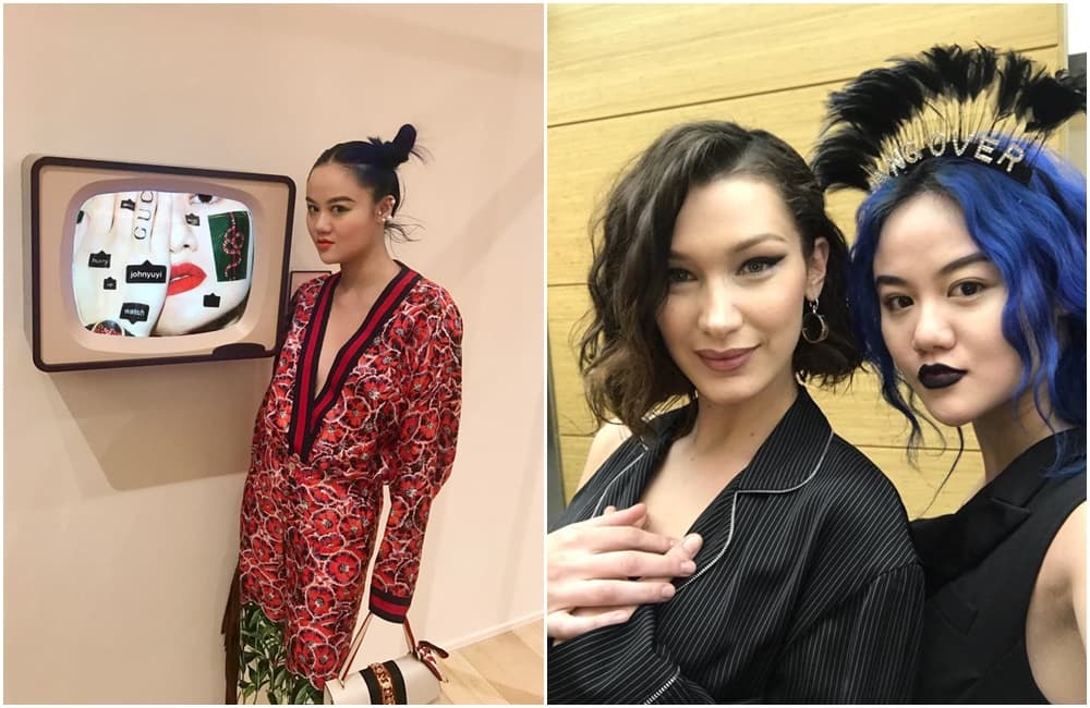 去年江宥儀成為GUCCI選任的第一位台灣藝術家,除了創作,她偶爾也會替國際品牌走秀,右圖左為超模Bella Hadid。(取自John Yuyi臉書)