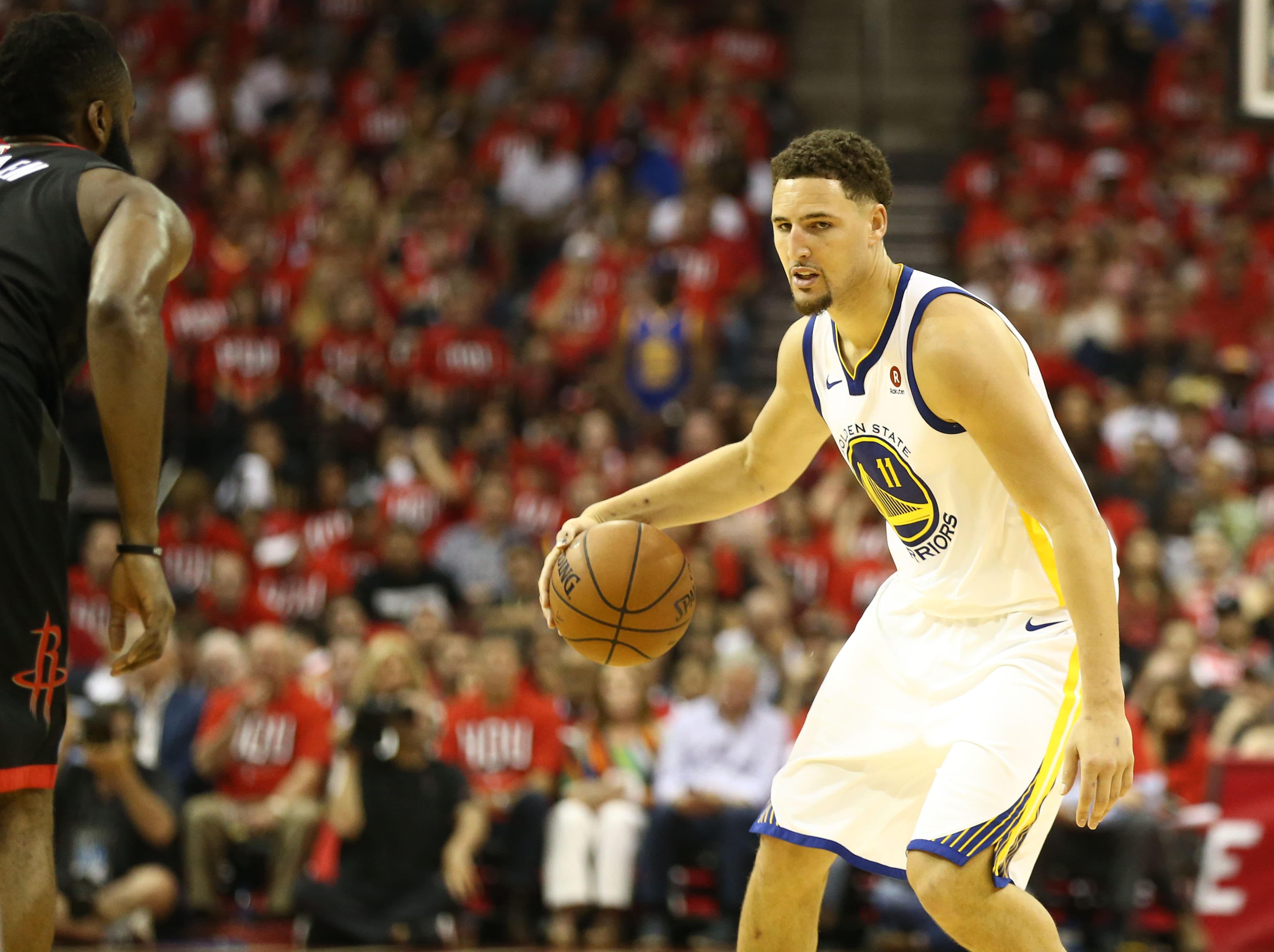 湯普森(Klay Thompson)拿下全隊第二高分,順利幫助勇士贏得首勝。(東方IC)