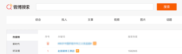 「趙麗穎停工原因」登上了微博熱搜榜第一。(翻攝自新浪娛樂微博)