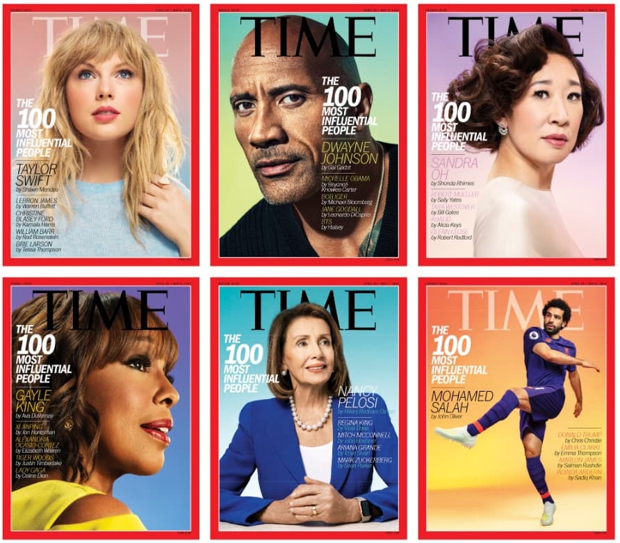 《時代雜誌》揭曉2019年百大人物,其中6名被選作封面人物包含泰勒絲、巨石強森、今年金球獎得主吳珊卓等人。(翻攝自時代雜誌推特)