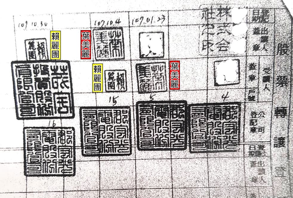 根據郡宏光電的股票轉讓登記表,可見葉美麗將股票轉讓蘇震清的助理賴麗團後,事隔26天,賴女又將股票轉賣給葉美麗擔任董座的茂宇公司,單此部分價差3,000萬元。