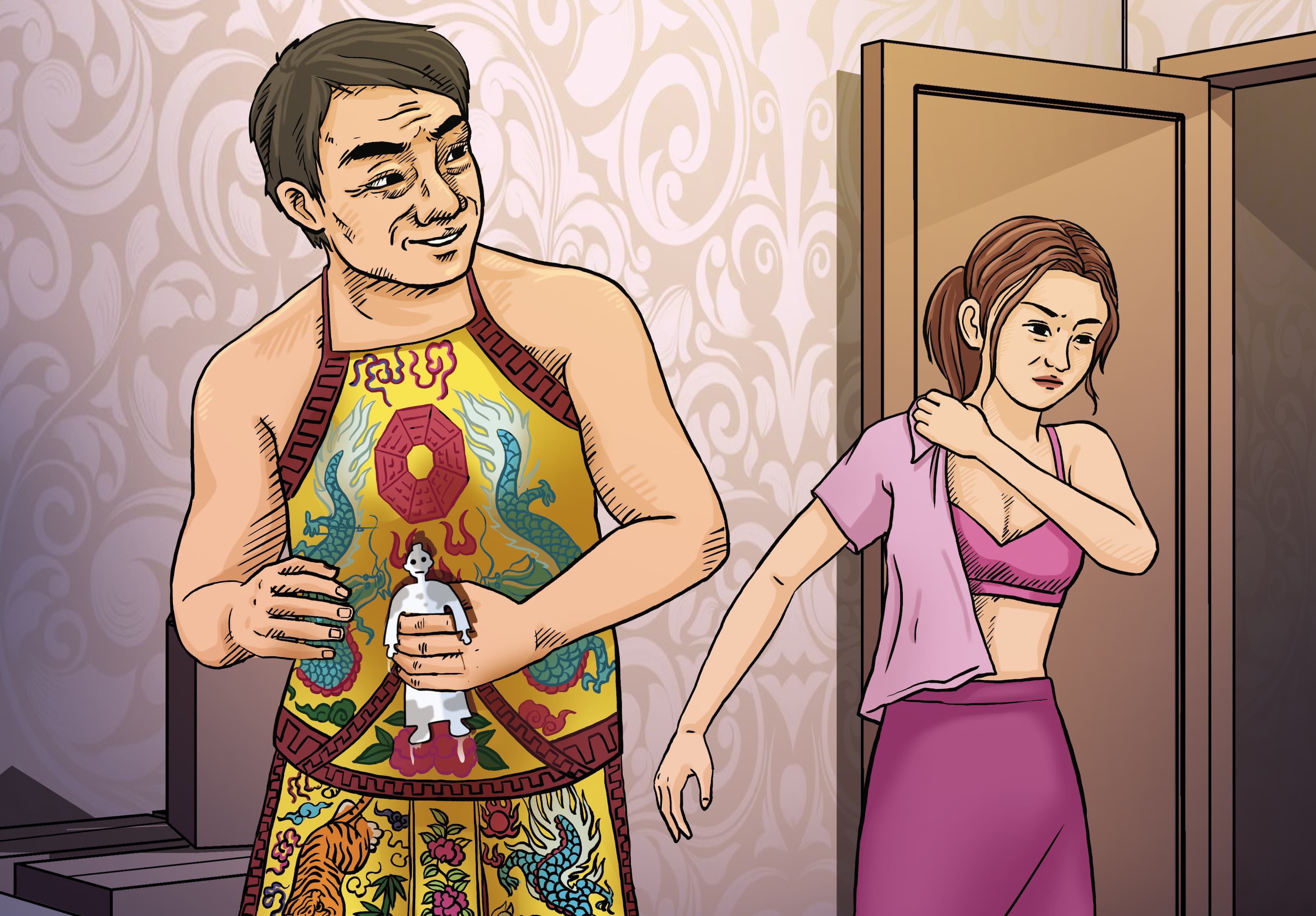 潘姓乩童貪圖女信徒小美的美色,要求她掀開上衣,用紙紮人觸摸小美胸部及下體施法,還趁機以右手指插入下體。