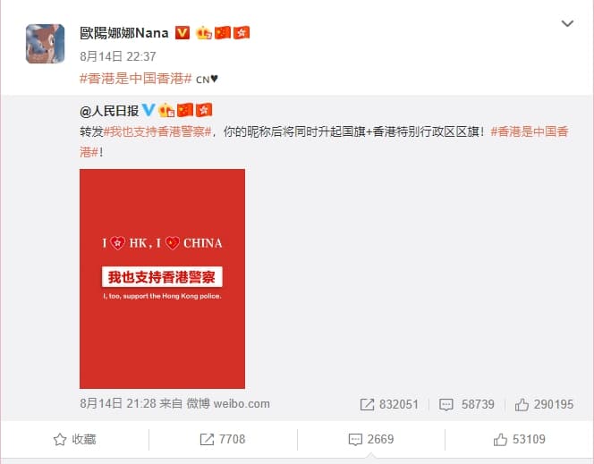 歐陽娜娜跟風在微博轉發支持香港警察貼文。(翻攝自歐陽娜娜微博)