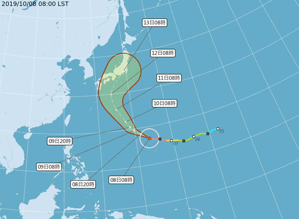 預估哈吉貝颱風未來將朝西北西轉西北往日本南方海面移動,預測對台灣無直接影響。(翻攝自中央氣象局)