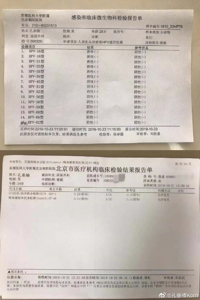 孔垂楠試圖公開檢驗報告自清。(翻攝孔垂楠微博)