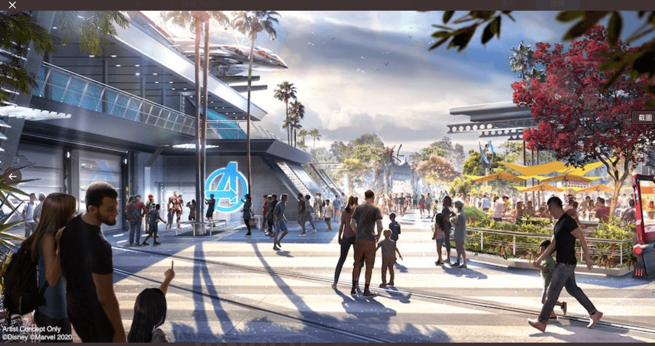 「復仇者聯盟」園區匯集所有知名的漫威電影人物。(翻攝自DisneyPark官方推特)