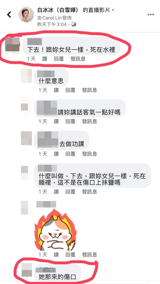 雷姓網友下惡咒,說「下去!跟妳女兒一樣,死在水裡」,引起其他網友出聲。翻攝自白冰冰粉專)