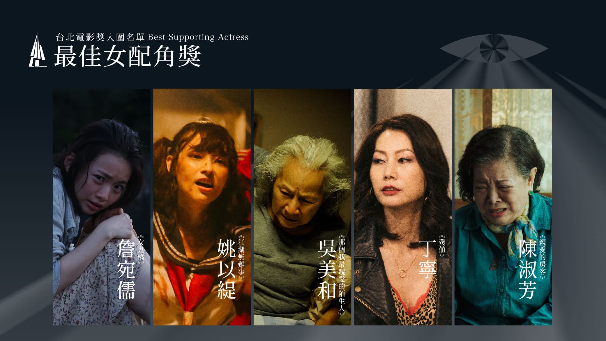 最佳女配角入圍詹宛儒(左起)、姚采穎、吳美和、丁寧、陳淑芳。(台北電影節提供)