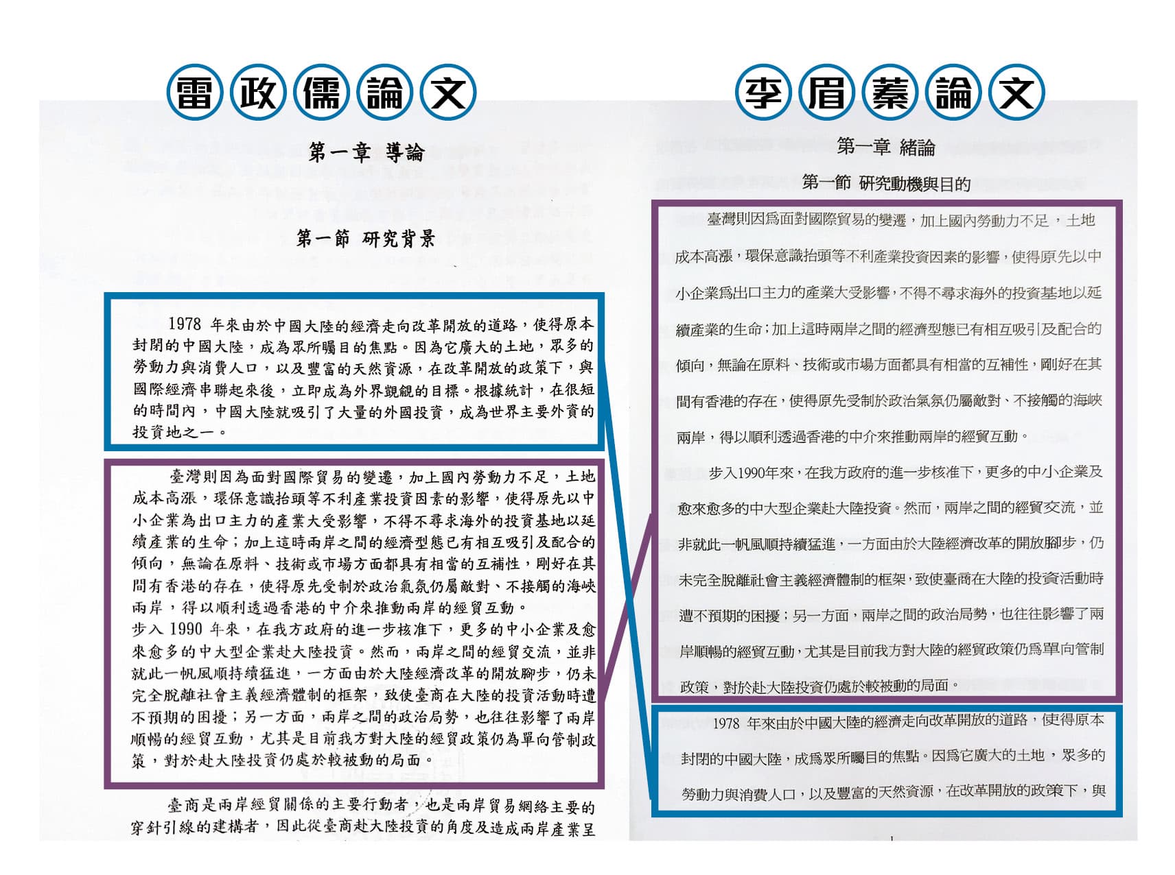 本刊比對李眉蓁與雷政儒的論文,發現李有96%都是複製貼上,甚或調動段落。