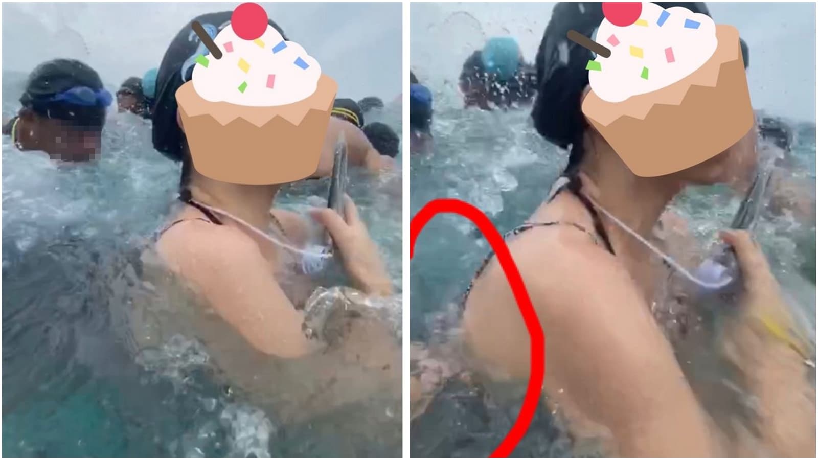從女網友曝光的影片中,只見一名男子在浪拍打時疑似伸出鹹豬手。(翻攝自Dcard)