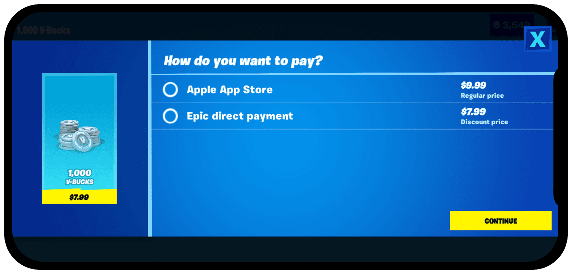 「Epic Direct Payment」不用經過蘋果的付費機制,因此能提供玩家更優惠的價格。(翻攝自Twitter)