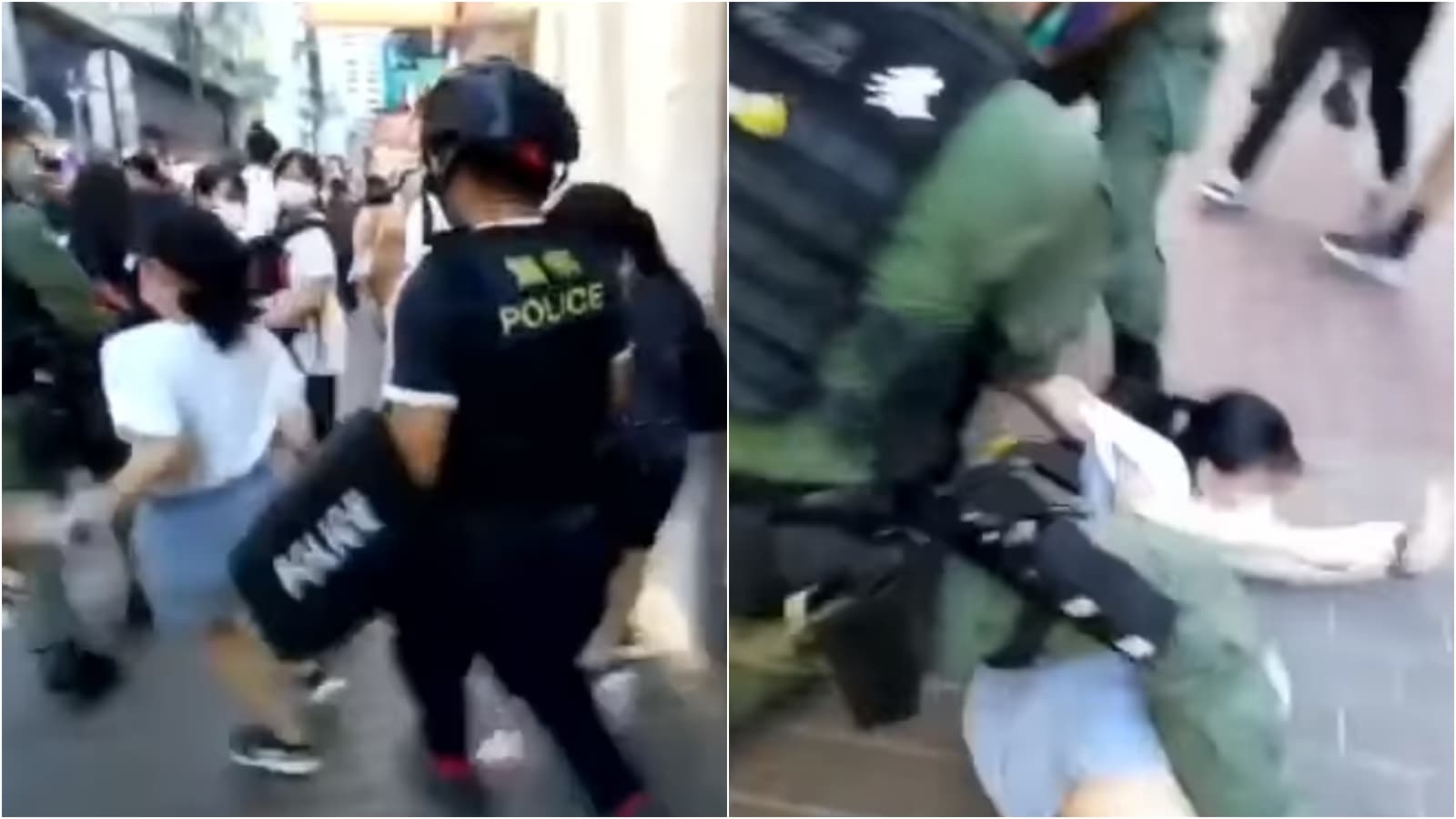 12歲少女買顏料路過遊行,遭港警控形跡可疑上前壓制。(翻攝自科大電台新聞組臉書)