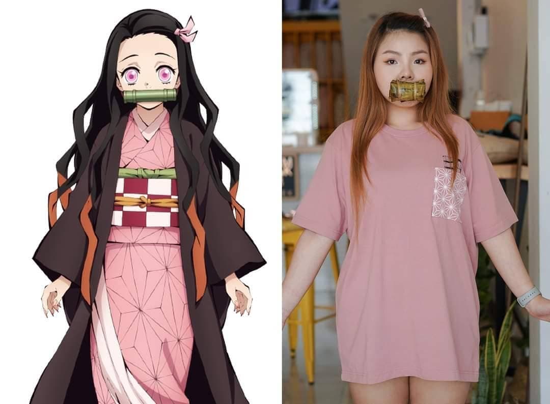 《鬼滅之刃》的女主角禰豆子(左圖)咬竹筒,以防咬人,賽恩(右圖)則改咬粽子。(翻攝自Framsook Lek Lek臉書)