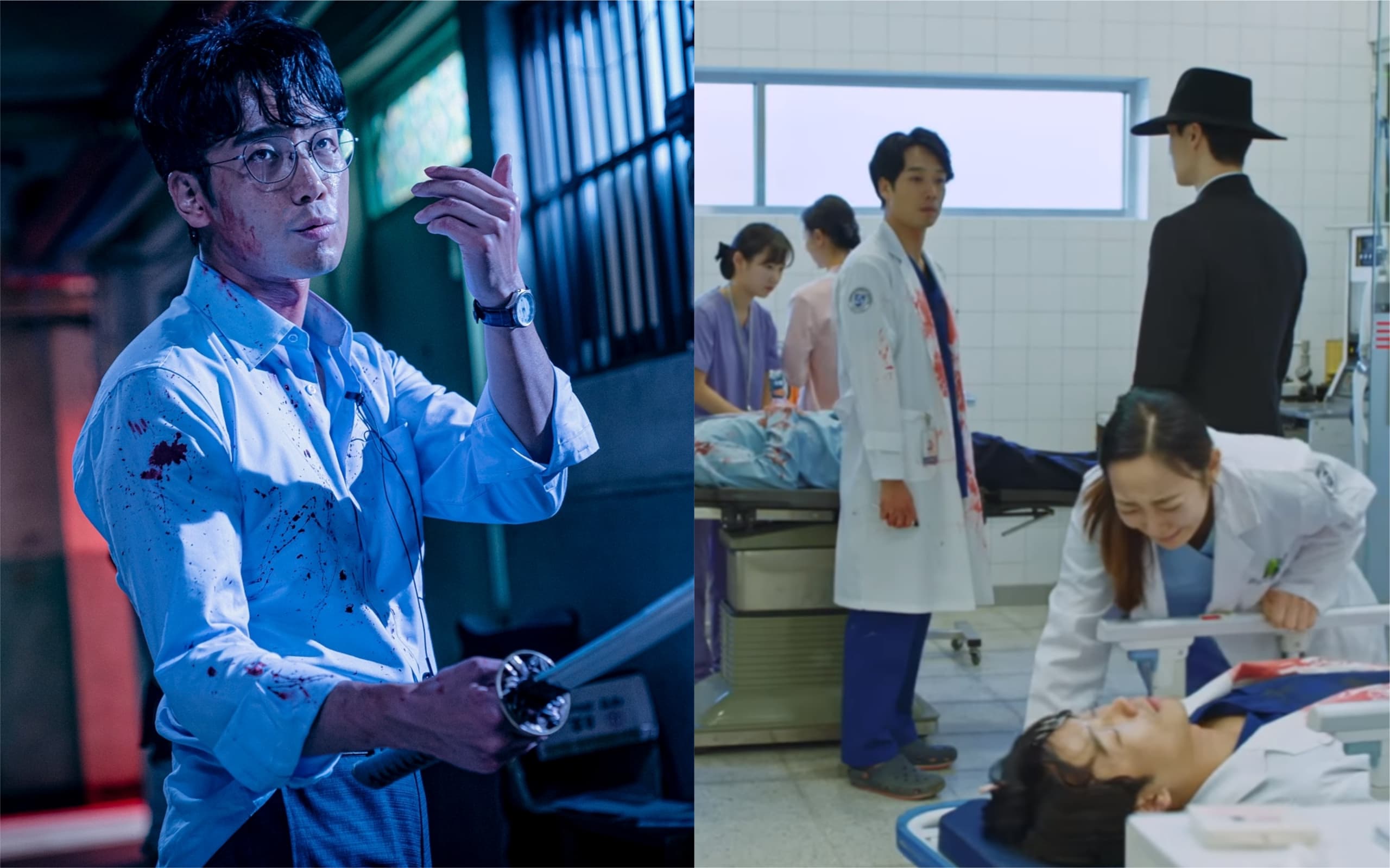 金南喜在《Sweet Home》中飾演信奉基督教的暖男(左圖),他也曾在《鬼怪》中短暫演出過勞死的醫生。(左圖Netflix提供、右圖翻攝自tvN畫面)