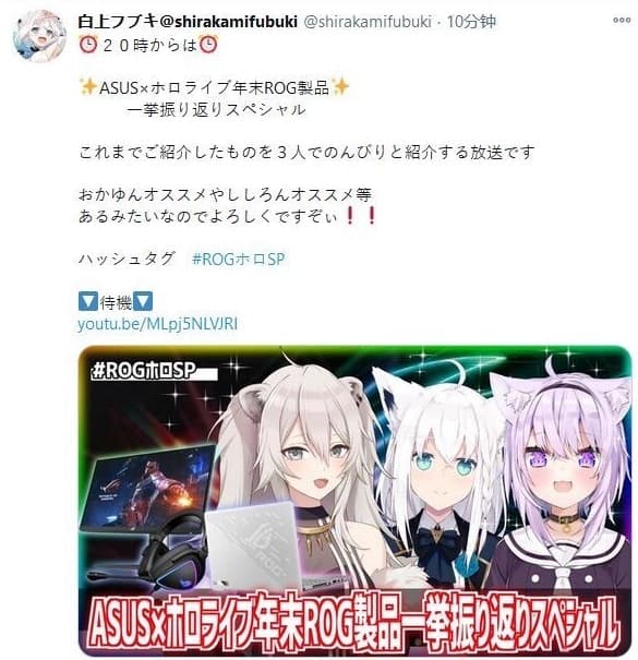Hololive Vtuber白上吹雪於推特公告直播取消。(翻攝推特)