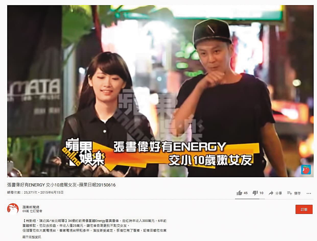 之前書偉(右)有段戀情,對方小他10歲,年紀差距與他和勇兔一樣。(翻攝自蘋果新聞網)
