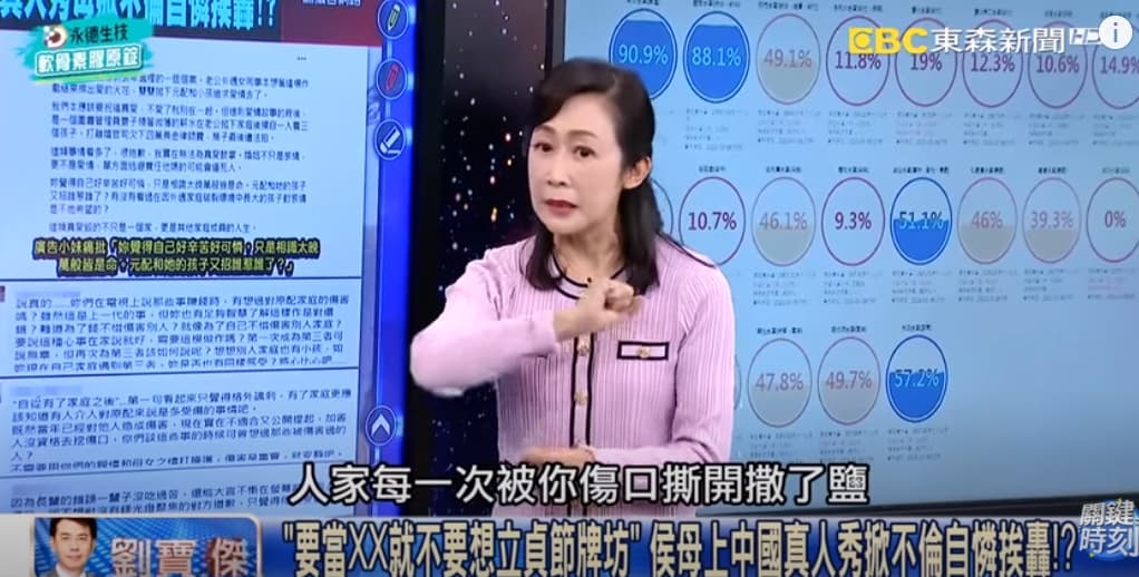 粘嫦鈺抨擊侯佩岑母女為了錢,再次揭開當時元配及其家屬的傷口。(翻攝自關鍵時刻YouTube頻道)