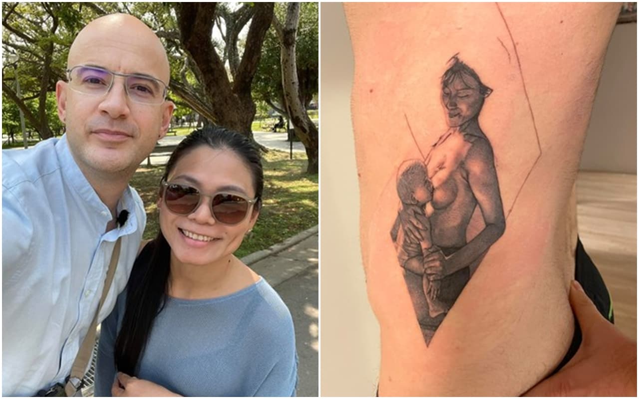 吳鳳將老婆哺乳的模樣刺在身上痛到發抖。(翻攝自吳鳳臉書)