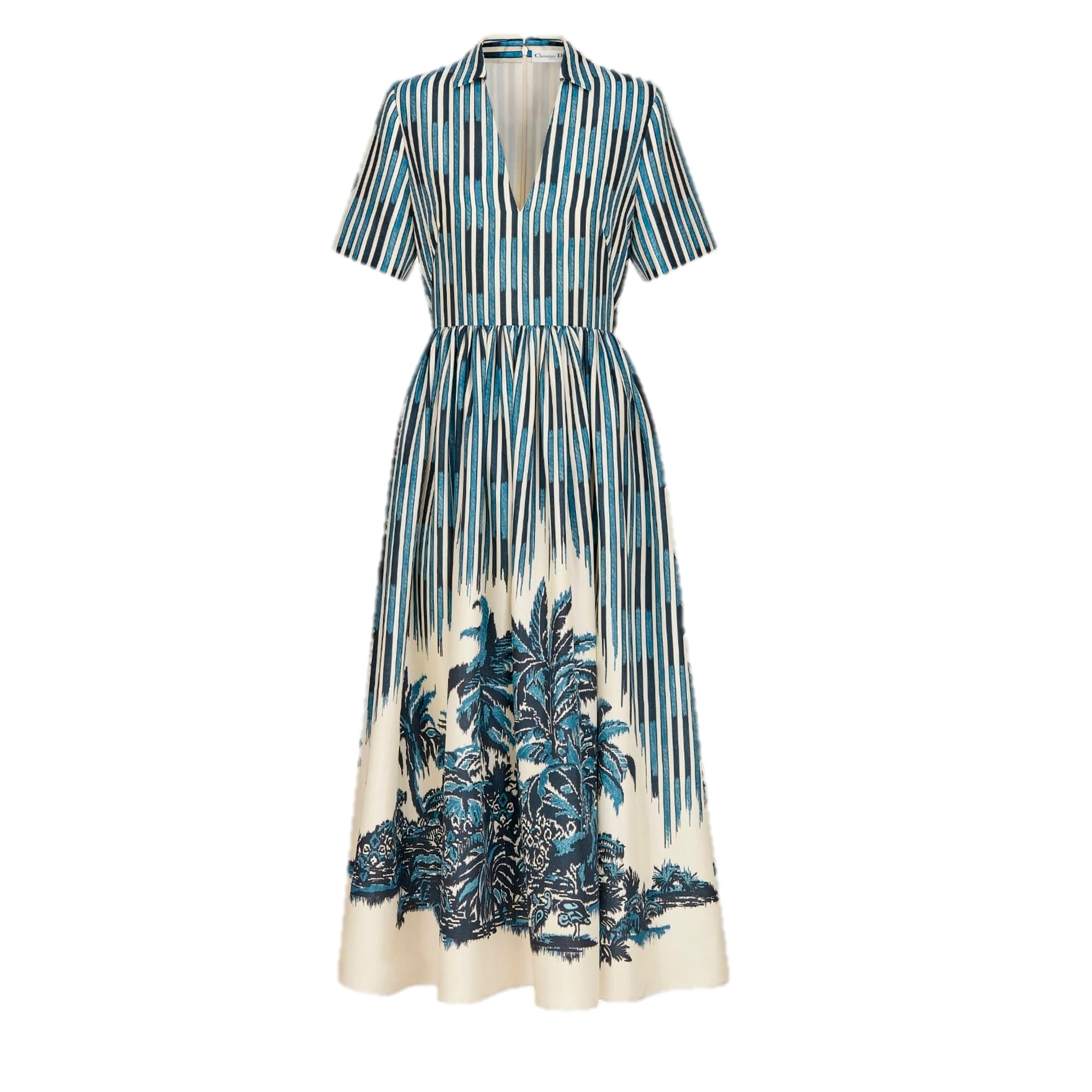 DIOR Palms藍白棕梠樹印花絲質V領洋裝。NT$150,000(DIOR提供)