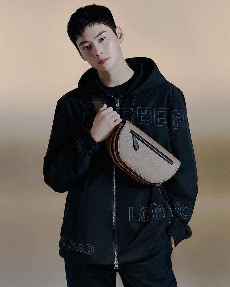 車銀優肩背Burberry新推出的Olympia腰包(NT$65,000),搭襯Horseferry印花塔夫綢連帽外套(NT$38,900)。(翻攝自車銀優IG)