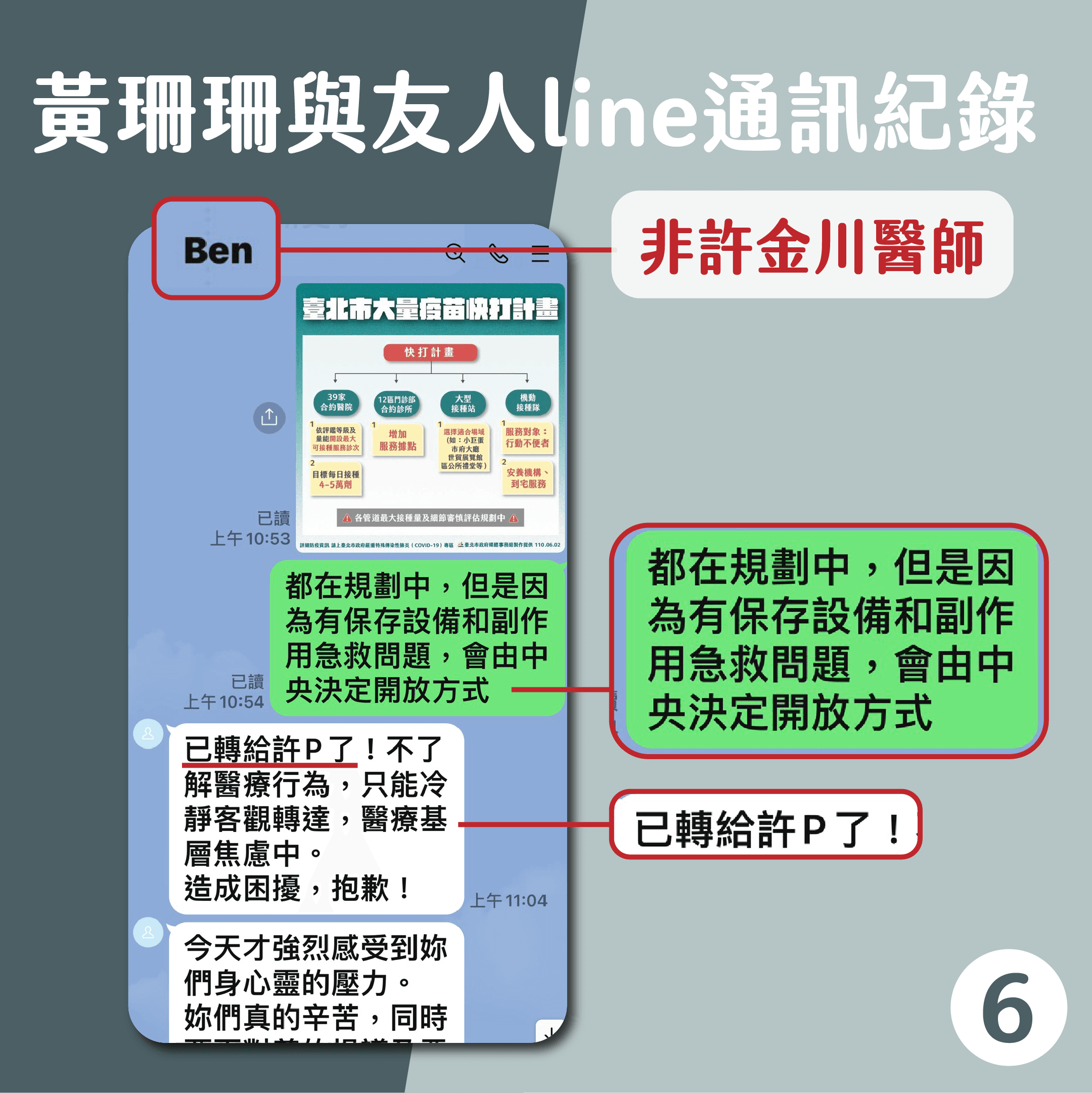 台北市副市長黃珊珊在記者會上出示截圖,表示自己事前未與許直接聯繫過。(台北市政府提供)