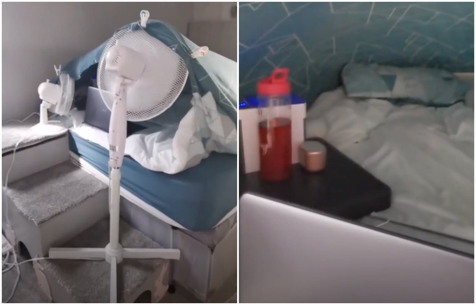 有網友將電扇數量增加成2個,並在「風洞」裡擺放筆電和飲料,相當享受。(翻攝自skyecotter TikTok)