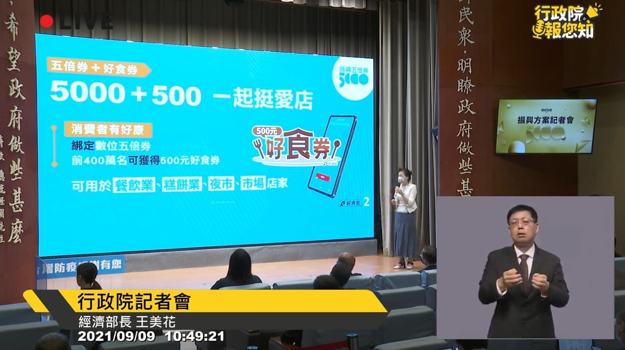 經濟部為鼓勵綁定數位五倍券,推出400萬份面額500元的好食券。(翻攝自行政院直播)