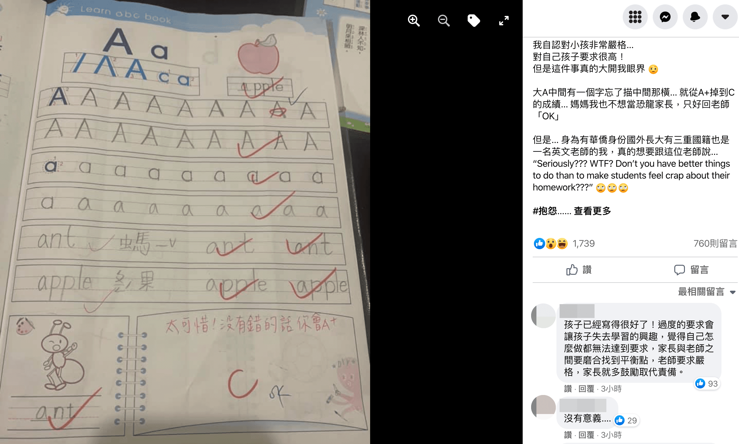一名網友表示孩子因1個A少寫中間一橫,分數就從A+掉到C。(翻攝自小一聯盟臉書)