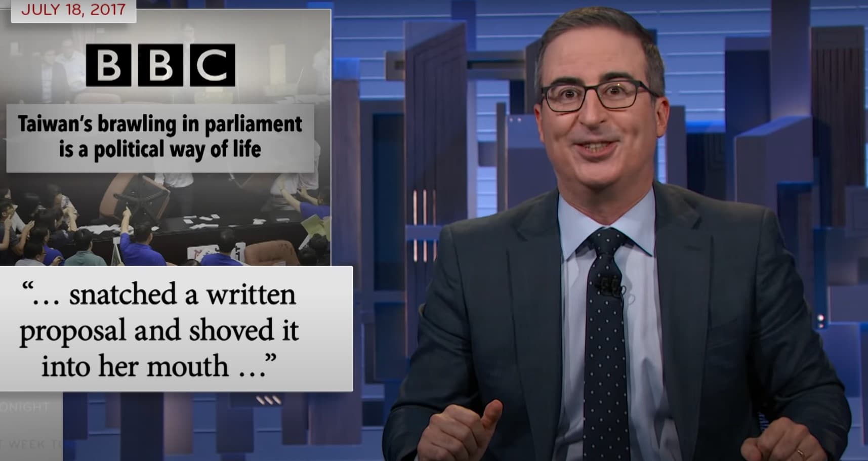台灣國會的打鬥畫面成為節目笑點。(翻攝自Last Week Tonight YouTube頻道)