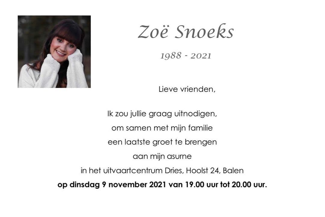 柔伊的家人在網路上發出她不幸過世的消息。(翻攝Zoe Snoeks IG)