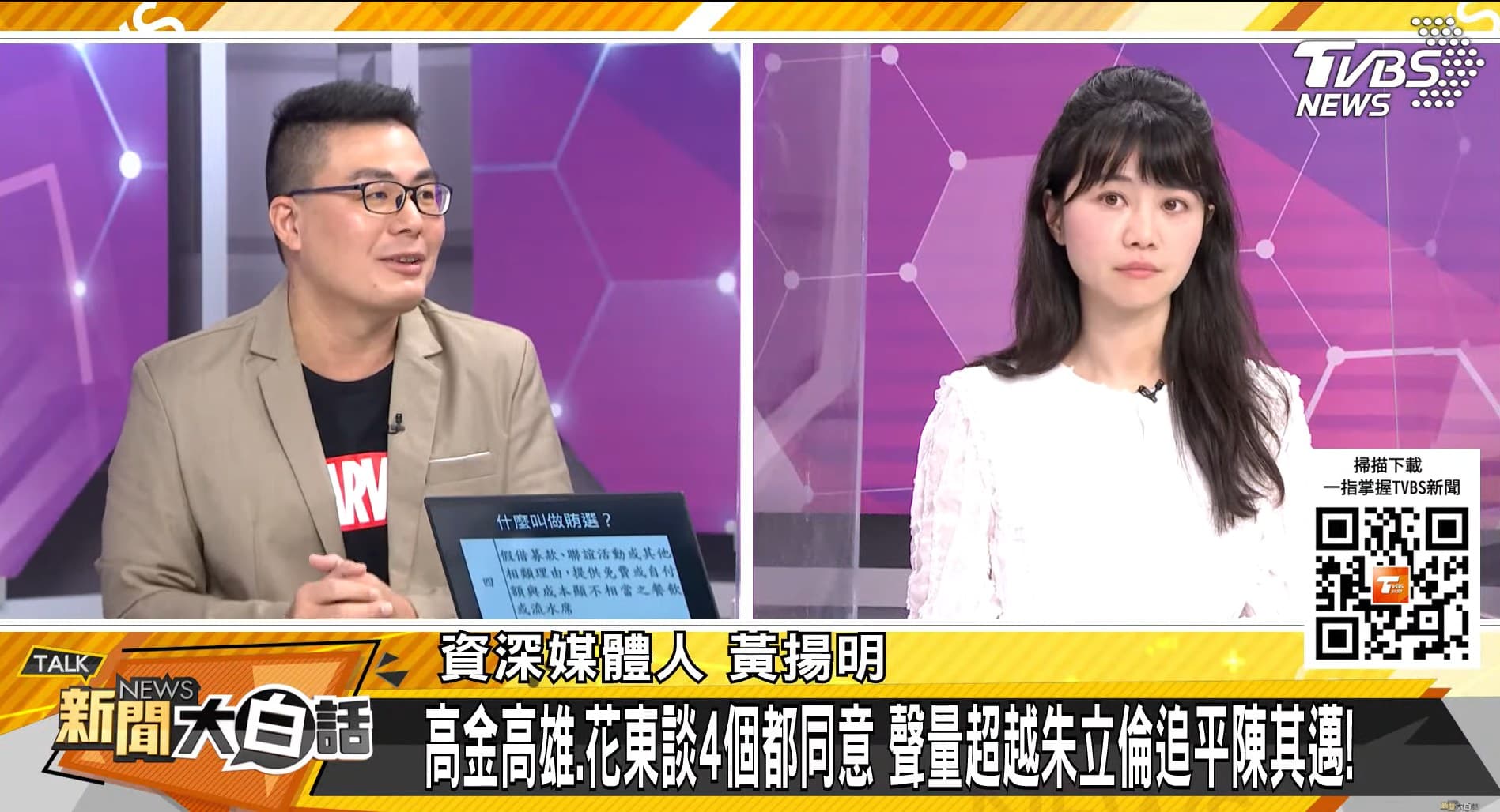 黃揚明(左)與高嘉瑜在節目同台,表示高嘉瑜言談舉止都正常。(翻攝《新聞大白話》畫面)