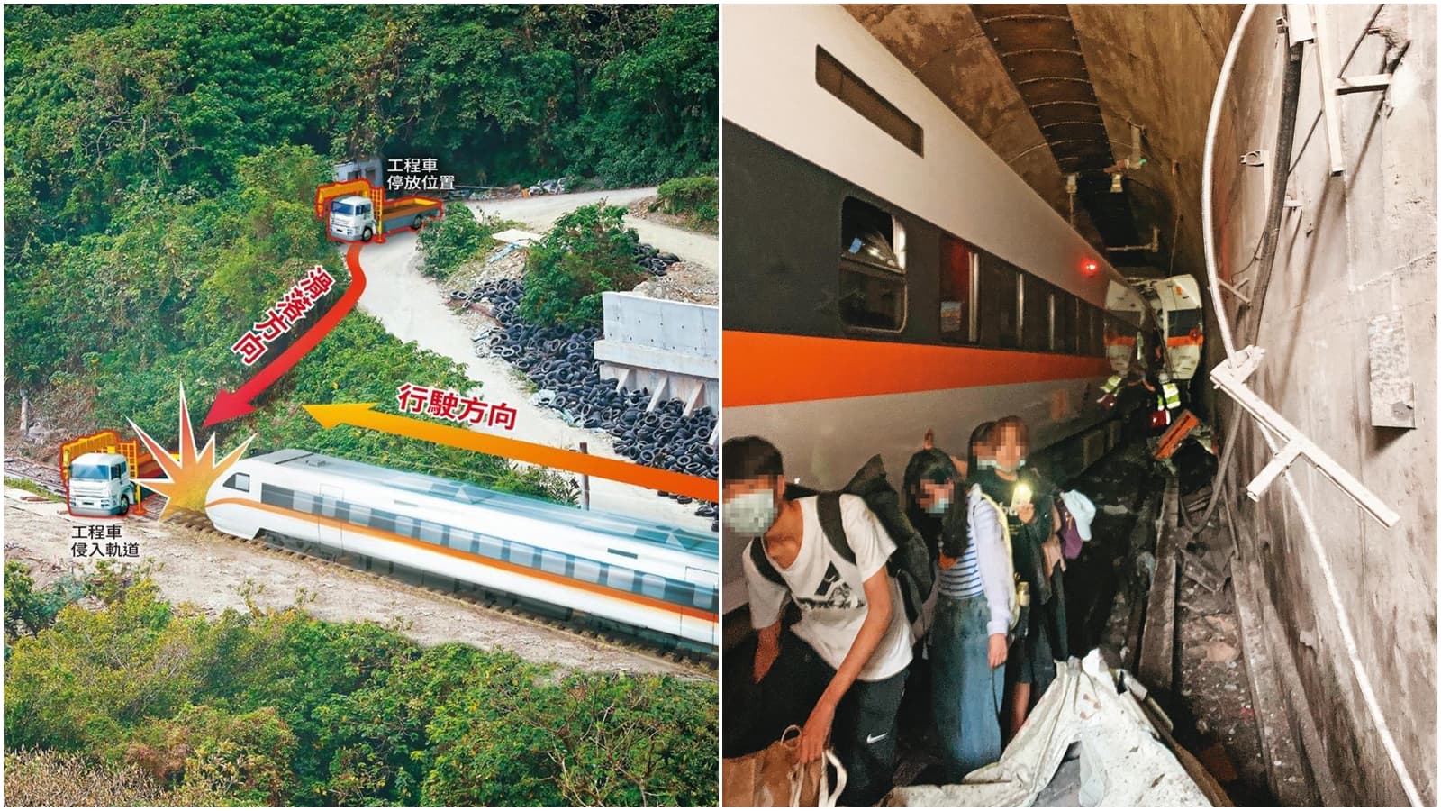 肇事工程車從隧道上方的便道溜逸至軌道上,太魯閣號司機員發現後已煞車不及迎頭撞上;倖存的乘客沿著狹窄的隧道往外逃生。(本刊資料照、讀者提供)