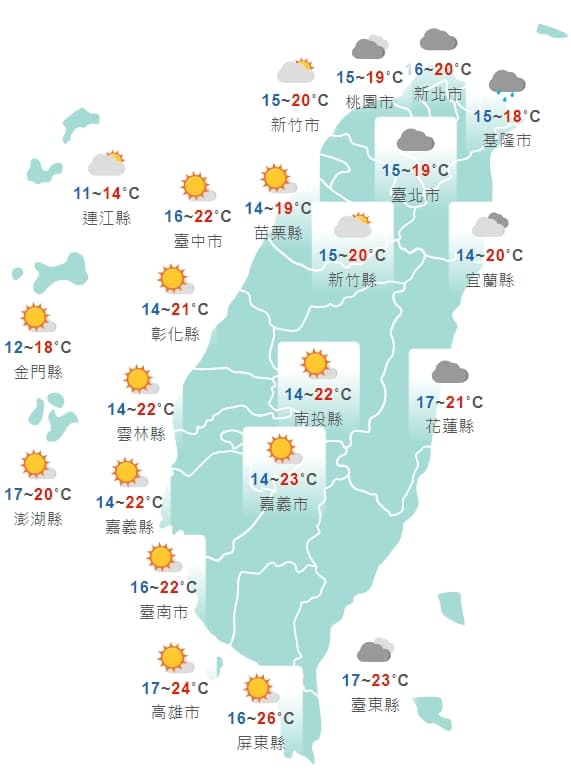 全台各地今日白天天氣狀況一覽。(中央氣象局提供)
