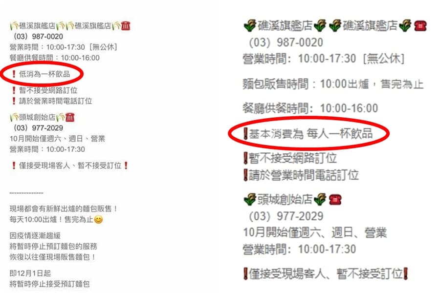 業者已將低消規定修改。(翻攝自奶油麵包 礁溪旗艦店 Bread&butter Bakery臉書)
