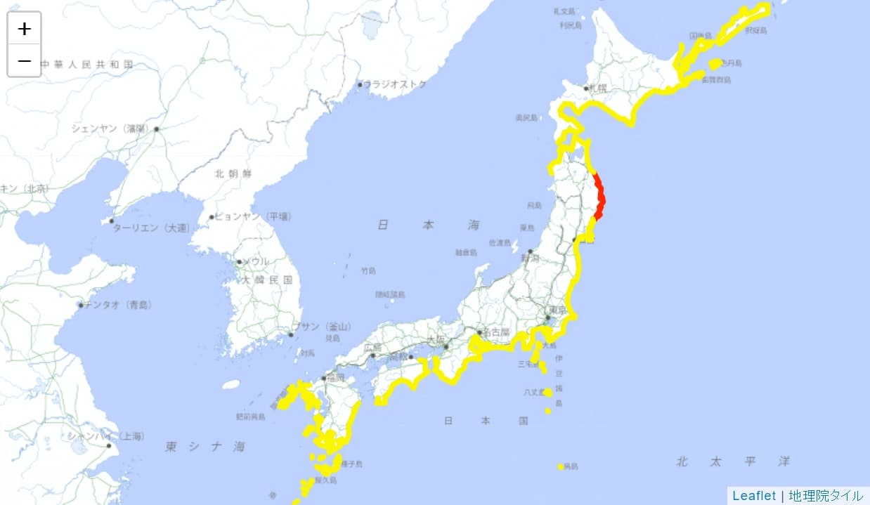 根據日本氣象廳最新資料顯示,目前只剩下剩岩手縣持續維持紅色警報。(翻攝自日本氣象廳)