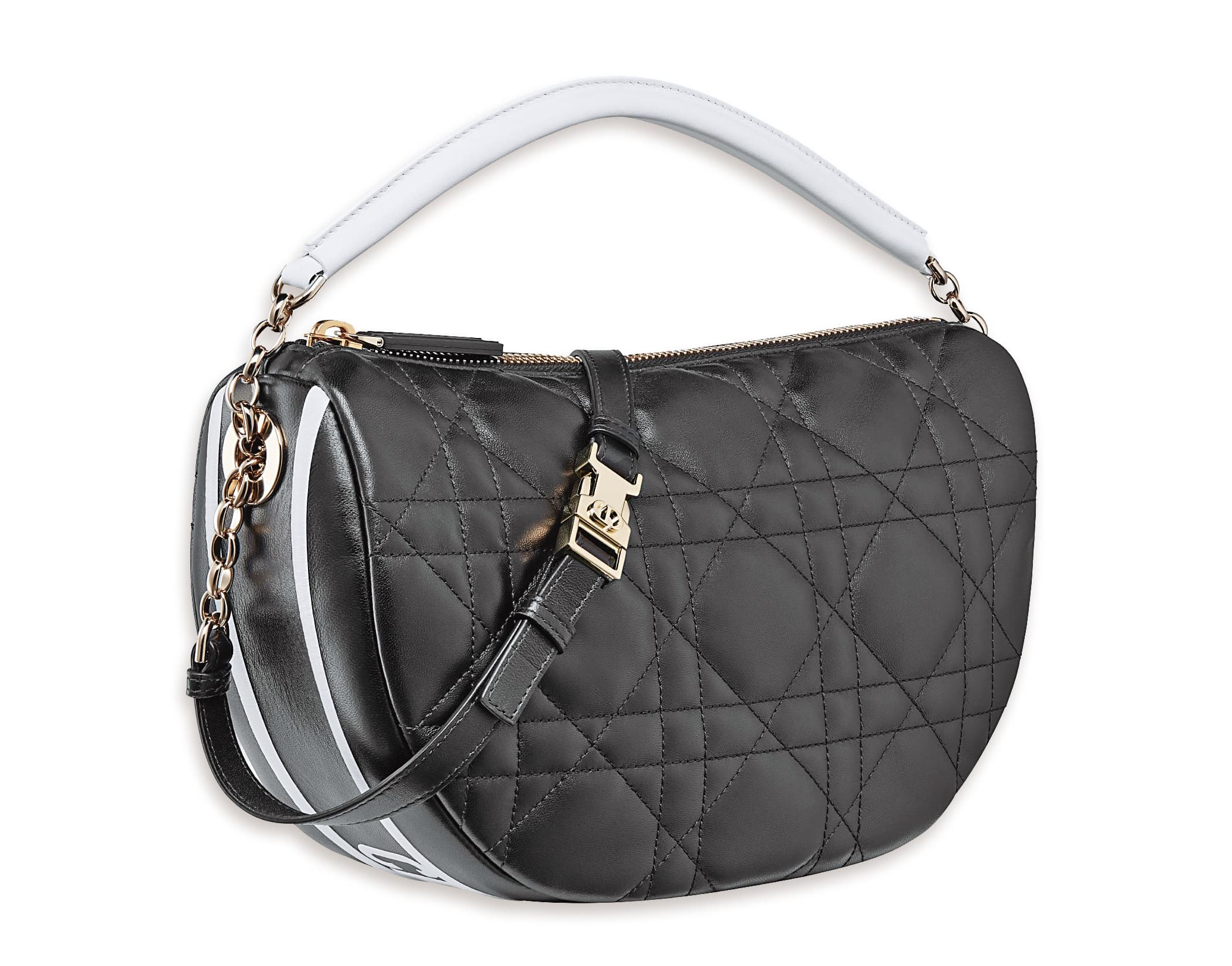DIOR Vibe系列黑色羊皮籐格紋與白色提把中型Hobo包 NT$110,000(DIOR提供)