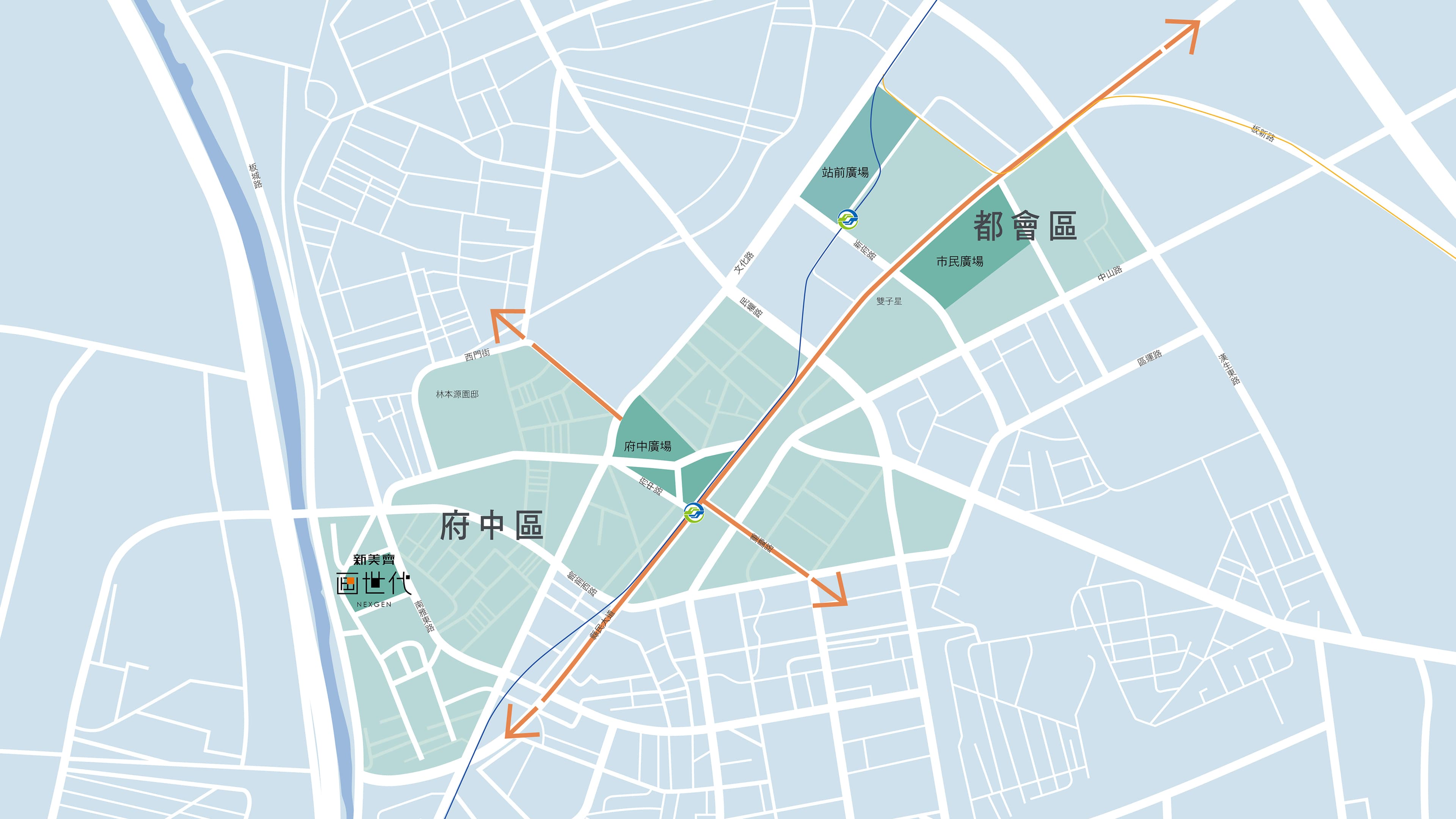 「府中雙城」雙軸指的是東西向的縣民大道、南北向的重慶路及北門街,3廣場則是府中、市民及站前等3廣場。
