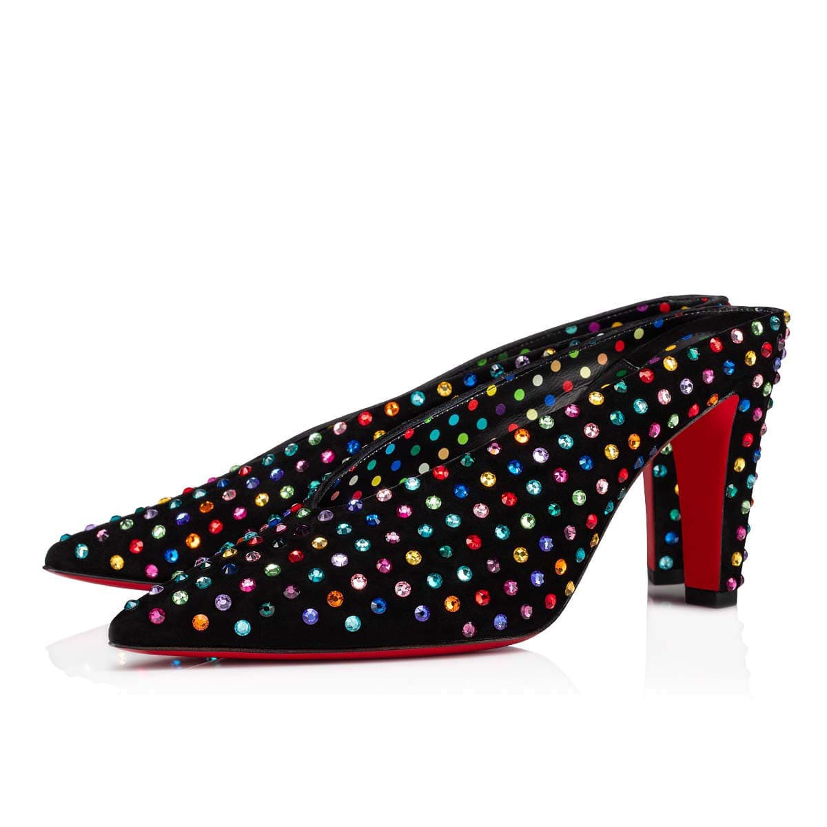 Veryvee Strass Boum黑色麂皮彩色水鑽裝飾高跟穆勒鞋。NT$65,900(Christian Louboutin提供)
