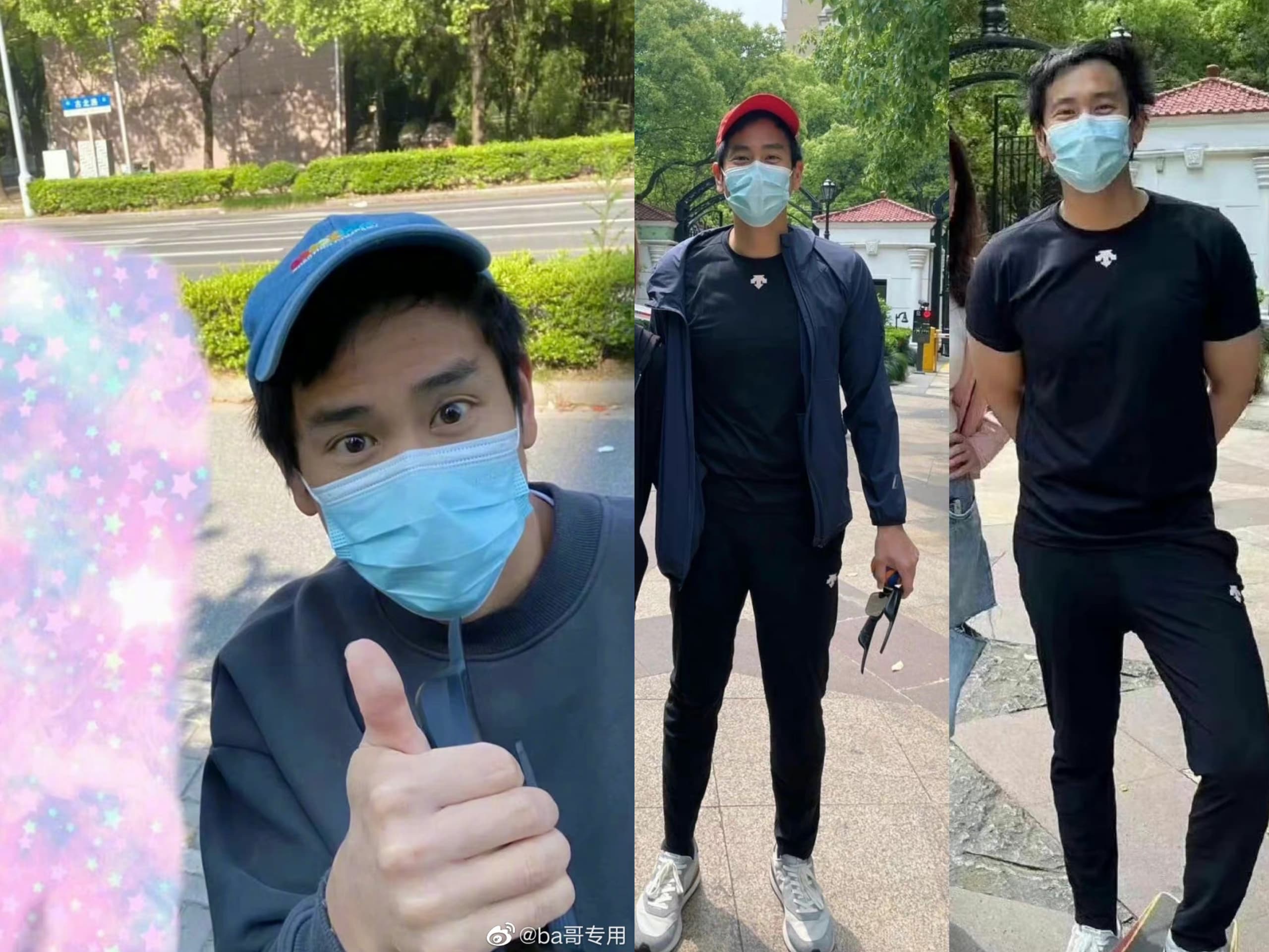 下樓散步同時彭于晏與鄰居合照,沒有打理儀表,網友笑稱隔離之下「你我皆凡人」。(微博圖片)