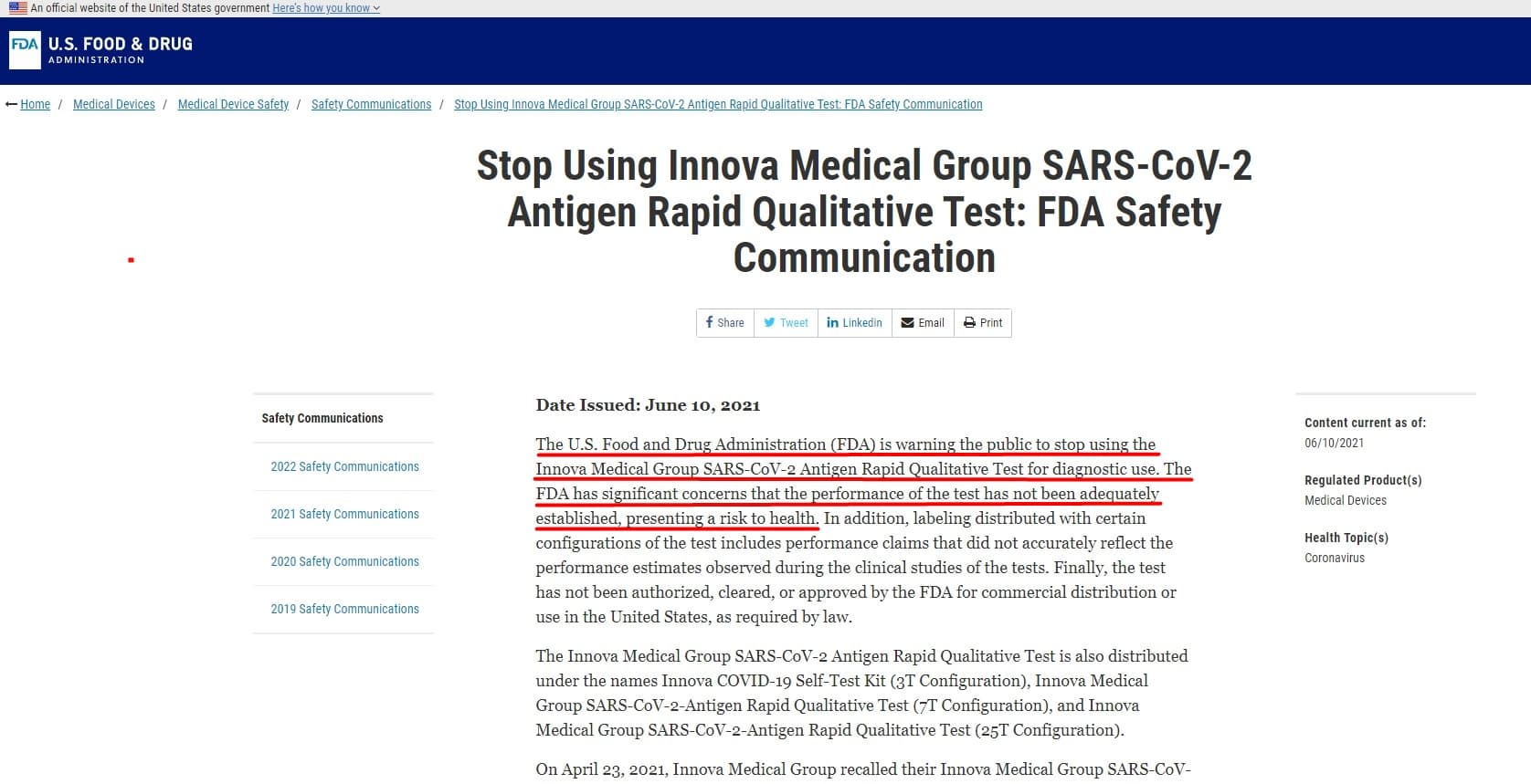 美國食品和藥物管理局 (FDA) 警告一般民眾停止使用 Innova Medical Group 的 SARS-CoV-2 抗原快速定性檢測。 FDA 擔心該測試的性能尚未充分確定,會對健康構成風險。