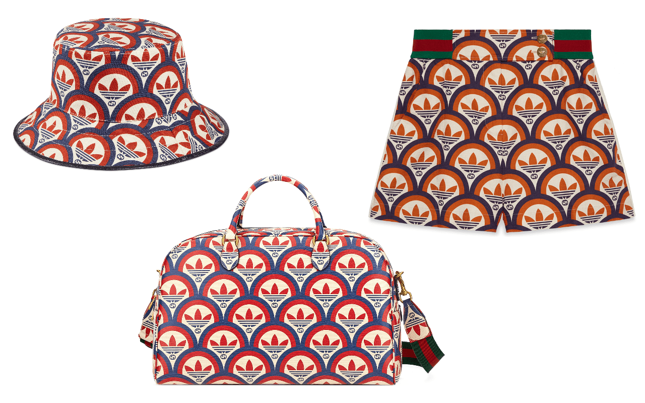 由左至右:adidas × GUCCI印花漁夫帽(NT$18,800)、旅行包(NT$92,600)、運動短褲(NT$39,400)。(GUCCI提供)