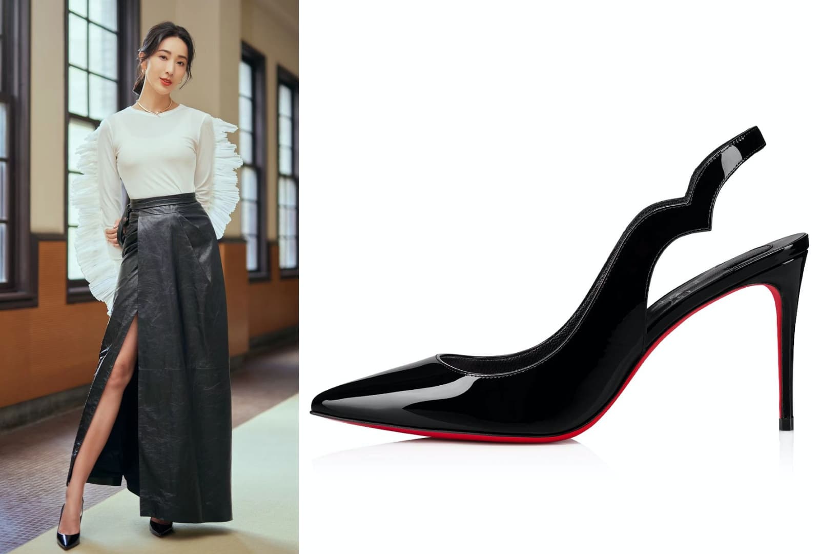 隋棠同款的黑色漆皮Hot Chick Sling。NT$29,500(Christian Louboutin提供)