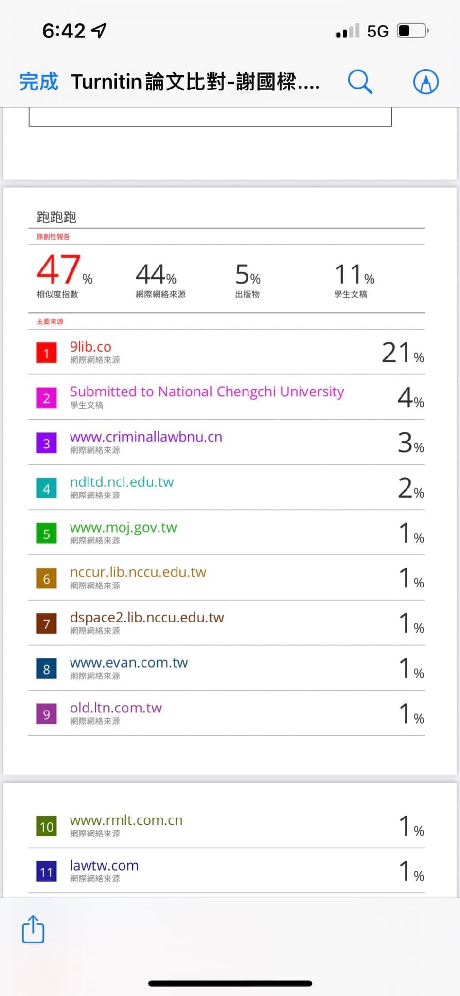 張銘祐指出,謝國樑的論文一經比對系統分析,發現相似度高達47%。(翻攝自張銘祐臉書)